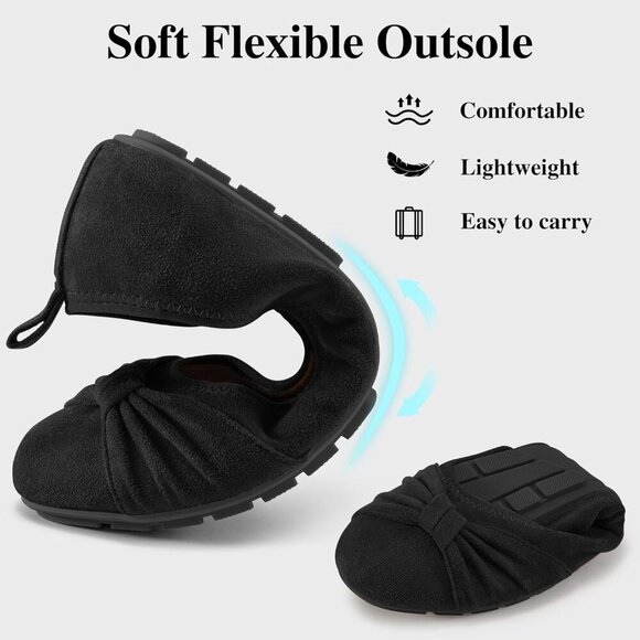 Women's Suede Flats 6 Black Foldable Bowknot Comfort Slip On Casual - Picture 4 of 6